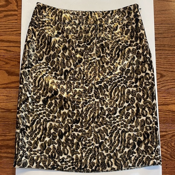 TORY BURCH SILK metallic cheetah / animal print skirt shift cut, lined, zipped 8 - Picture 3 of 12